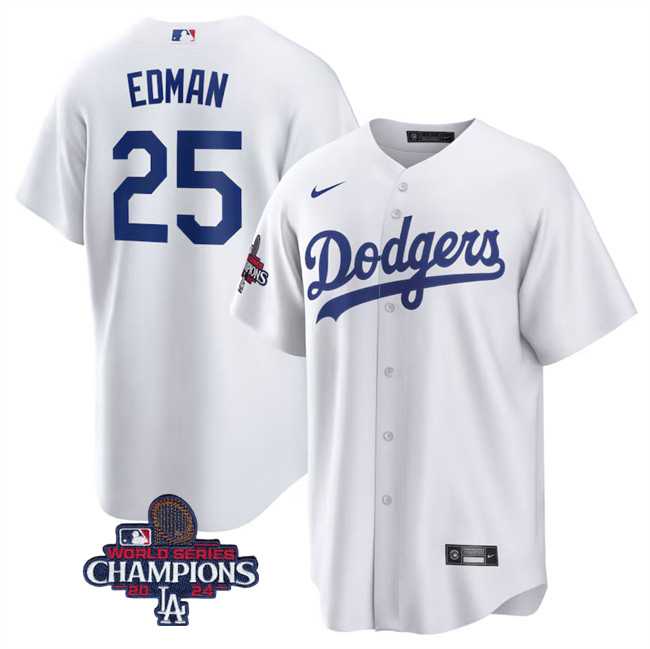 Men's Los Angeles Dodgers #25 Tommy Edman White 2024 World Series Champions Cool Base Stitched Baseball Jersey,We sell and wholesale Men's Los Angeles Dodgers #25 Tommy Edman White 2024 World Series Champions Cool Base Stitched Baseball Jersey on line form chian!